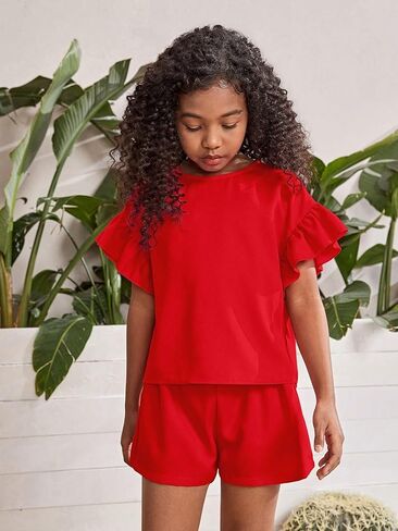 Milumia Girl's 2 Piece Outfits Ruffle Trim Short Sleeve Crew Neck Blouse and Shorts Set in Saudi Arabia