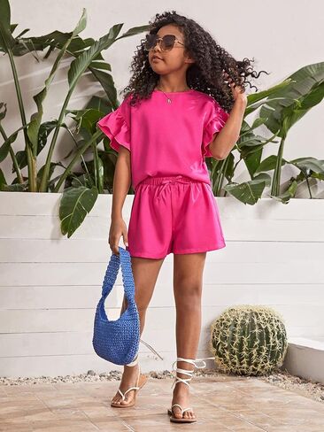 Milumia Girl's 2 Piece Outfits Ruffle Trim Short Sleeve Crew Neck Blouse and Shorts Set in Saudi Arabia