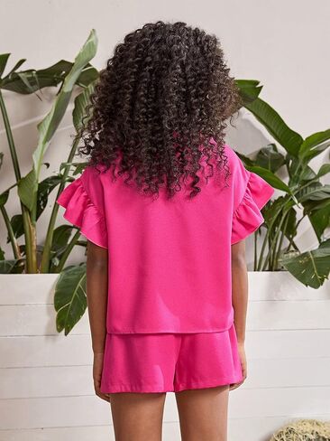 Milumia Girl's 2 Piece Outfits Ruffle Trim Short Sleeve Crew Neck Blouse and Shorts Set in Saudi Arabia