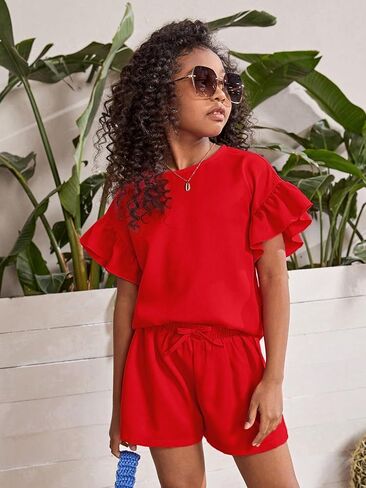 Milumia Girl's 2 Piece Outfits Ruffle Trim Short Sleeve Crew Neck Blouse and Shorts Set in Saudi Arabia