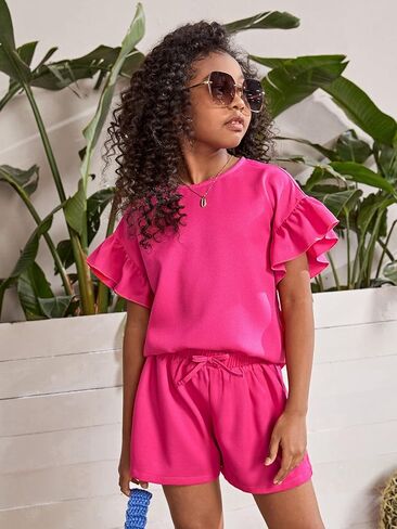 Milumia Girl's 2 Piece Outfits Ruffle Trim Short Sleeve Crew Neck Blouse and Shorts Set in Saudi Arabia
