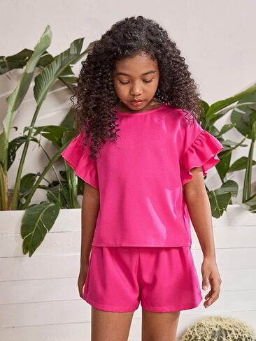 Milumia Girl's 2 Piece Outfits Ruffle Trim Short Sleeve Crew Neck Blouse and Shorts Set in Saudi Arabia