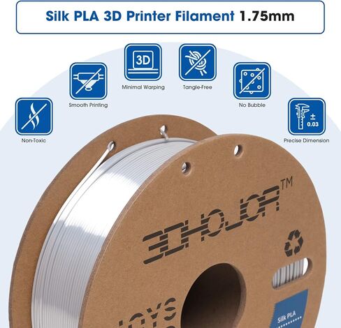 3DHoJor Silk PLA Filament 1.75 مم، PLA Filament 1.75 مم حرير لامع خيوط طابعة ثلاثية الأبعاد، بكرة من الورق المقوى 1 كجم (2.2 رطل)، دقة الأبعاد +/- 0.03 مم، تناسب معظم طابعات FDM (فضي معدني) in Kuwait
