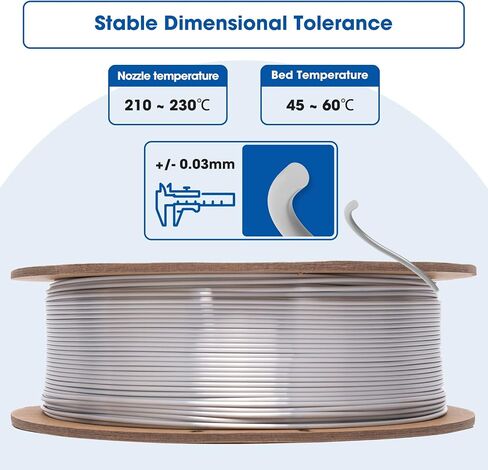 3DHoJor Silk PLA Filament 1.75 مم، PLA Filament 1.75 مم حرير لامع خيوط طابعة ثلاثية الأبعاد، بكرة من الورق المقوى 1 كجم (2.2 رطل)، دقة الأبعاد +/- 0.03 مم، تناسب معظم طابعات FDM (فضي معدني) in Kuwait