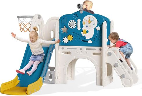 BIERUM 10 in 1 Toddler Slide, Astronaut Themed Baby Slide for Toddlers Aged 1-3, with Astronaut, Moon, Cloud, Star, Phone Call Design and Basketball Hoop, Toddler Playset Toddler Playground in Kuwait