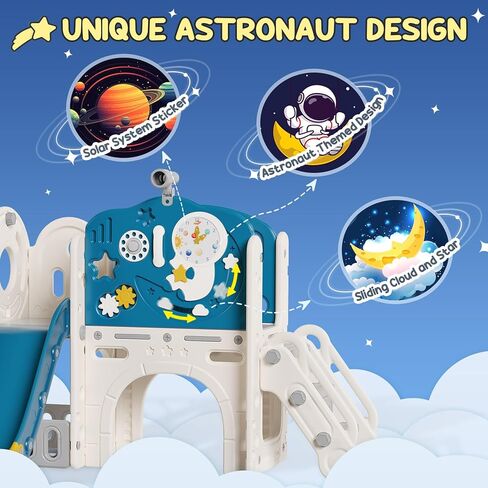 BIERUM 10 in 1 Toddler Slide, Astronaut Themed Baby Slide for Toddlers Aged 1-3, with Astronaut, Moon, Cloud, Star, Phone Call Design and Basketball Hoop, Toddler Playset Toddler Playground in Kuwait