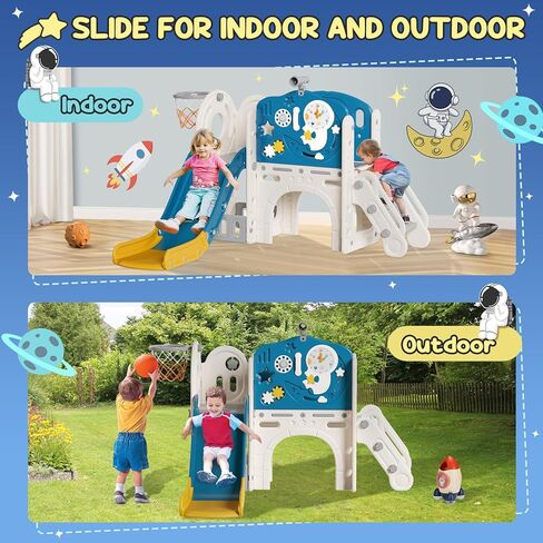 BIERUM 10 in 1 Toddler Slide, Astronaut Themed Baby Slide for Toddlers Aged 1-3, with Astronaut, Moon, Cloud, Star, Phone Call Design and Basketball Hoop, Toddler Playset Toddler Playground in Kuwait
