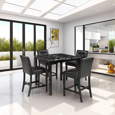 طاولة رخامية صناعية من HAUSHECK وكراسي ارتفاع مضادة 4 أشخاص، وسادة منجدة من جلد البولي يوريثان، مسند ظهر معنقدة بأزرار، إطار خشبي مطاطي، مجموعة حجرة طعام حديثة لغرفة الطعام للمساحات الصغيرة، أسود in Kuwait