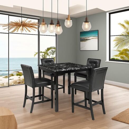 طاولة رخامية صناعية من HAUSHECK وكراسي ارتفاع مضادة 4 أشخاص، وسادة منجدة من جلد البولي يوريثان، مسند ظهر معنقدة بأزرار، إطار خشبي مطاطي، مجموعة حجرة طعام حديثة لغرفة الطعام للمساحات الصغيرة، أسود in Kuwait