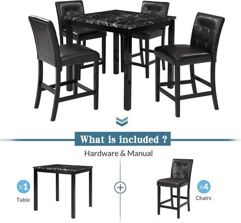 طاولة رخامية صناعية من HAUSHECK وكراسي ارتفاع مضادة 4 أشخاص، وسادة منجدة من جلد البولي يوريثان، مسند ظهر معنقدة بأزرار، إطار خشبي مطاطي، مجموعة حجرة طعام حديثة لغرفة الطعام للمساحات الصغيرة، أسود in Kuwait