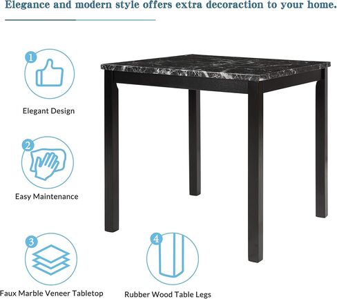 طاولة رخامية صناعية من HAUSHECK وكراسي ارتفاع مضادة 4 أشخاص، وسادة منجدة من جلد البولي يوريثان، مسند ظهر معنقدة بأزرار، إطار خشبي مطاطي، مجموعة حجرة طعام حديثة لغرفة الطعام للمساحات الصغيرة، أسود in Kuwait