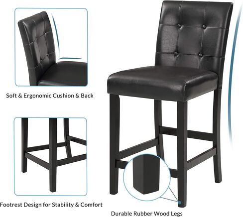 طاولة رخامية صناعية من HAUSHECK وكراسي ارتفاع مضادة 4 أشخاص، وسادة منجدة من جلد البولي يوريثان، مسند ظهر معنقدة بأزرار، إطار خشبي مطاطي، مجموعة حجرة طعام حديثة لغرفة الطعام للمساحات الصغيرة، أسود in Kuwait