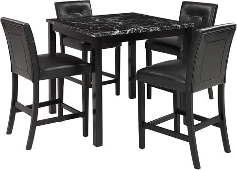 طاولة رخامية صناعية من HAUSHECK وكراسي ارتفاع مضادة 4 أشخاص، وسادة منجدة من جلد البولي يوريثان، مسند ظهر معنقدة بأزرار، إطار خشبي مطاطي، مجموعة حجرة طعام حديثة لغرفة الطعام للمساحات الصغيرة، أسود in Kuwait