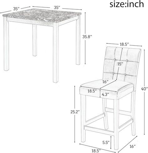 طاولة رخامية صناعية من HAUSHECK وكراسي ارتفاع مضادة 4 أشخاص، وسادة منجدة من جلد البولي يوريثان، مسند ظهر معنقدة بأزرار، إطار خشبي مطاطي، مجموعة حجرة طعام حديثة لغرفة الطعام للمساحات الصغيرة، أسود in Kuwait