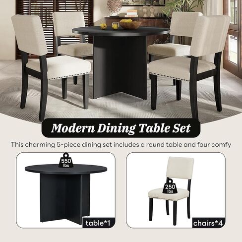 HAUSHECK Minimalist Table Set for 4 People, Smooth Round Tabletop, Upholstered Dining Chairs, Pine Wood Legs, Modern Dinette Kitchen TableandChairs Home Furniture for Small Places, Black in Kuwait