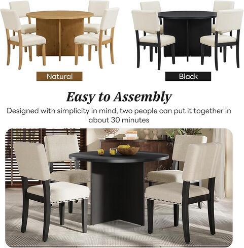 HAUSHECK Minimalist Table Set for 4 People, Smooth Round Tabletop, Upholstered Dining Chairs, Pine Wood Legs, Modern Dinette Kitchen TableandChairs Home Furniture for Small Places, Black in Kuwait