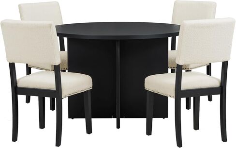 HAUSHECK Minimalist Table Set for 4 People, Smooth Round Tabletop, Upholstered Dining Chairs, Pine Wood Legs, Modern Dinette Kitchen TableandChairs Home Furniture for Small Places, Black in Kuwait