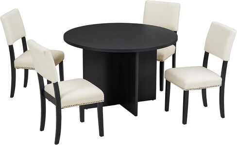 HAUSHECK Minimalist Table Set for 4 People, Smooth Round Tabletop, Upholstered Dining Chairs, Pine Wood Legs, Modern Dinette Kitchen TableandChairs Home Furniture for Small Places, Black in Kuwait