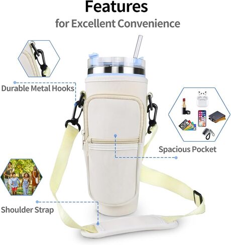 EKONAER Water Bottle Carrier Bag with Phone Pocket Handle for Stanley 40 Oz Tumbler Cup Accessories with Adjustable Shoulder & Hand Strap(White) in Saudi Arabia