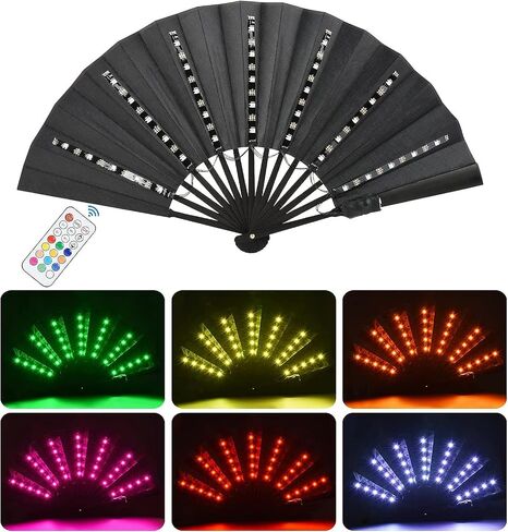 Rave Fan Chinese LED Folding Fan LED Glowing Colorful Light Up Fan with Remote Control, Stage Performance Dance Fans Festival Fan for Birthday Party Event Dance Night Bar Club Photo Props (Black) in Saudi Arabia