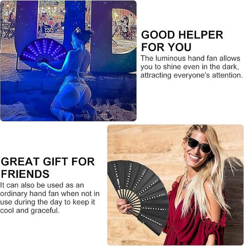 Rave Fan Chinese LED Folding Fan LED Glowing Colorful Light Up Fan with Remote Control, Stage Performance Dance Fans Festival Fan for Birthday Party Event Dance Night Bar Club Photo Props (Black) in Saudi Arabia