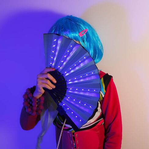 Rave Fan Chinese LED Folding Fan LED Glowing Colorful Light Up Fan with Remote Control, Stage Performance Dance Fans Festival Fan for Birthday Party Event Dance Night Bar Club Photo Props (Black) in Kuwait