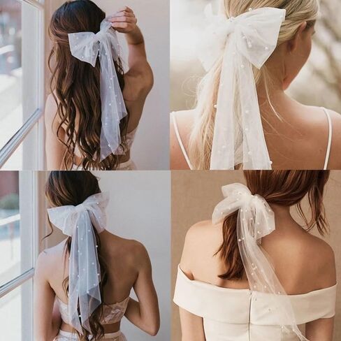 SANDOO Bridal Bow Veil - Wedding Veil with Pearls,Short Veil for Bachelorette Party,White Tulle Bow with Clip Bride Hair Accessories,Bride to Be Bridal Shower Gift for Women Girls in Saudi Arabia
