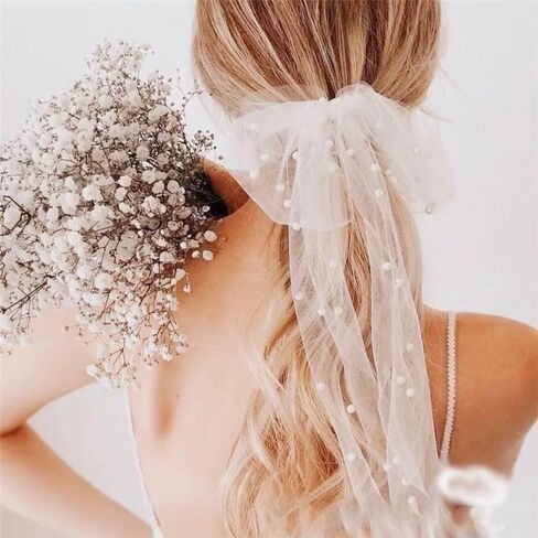 SANDOO Bridal Bow Veil - Wedding Veil with Pearls,Short Veil for Bachelorette Party,White Tulle Bow with Clip Bride Hair Accessories,Bride to Be Bridal Shower Gift for Women Girls in Saudi Arabia