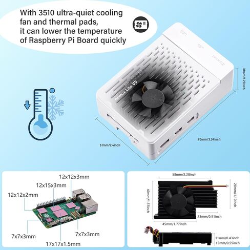 حافظة GeeekPi ABS مع مبرد نشط Armor Lite V5 لـ Raspberry Pi 5، Pi 5 مع مبدد حراري من الألومنيوم ومروحة تبريد لـ Raspberry Pi 5 (أسود) in Kuwait