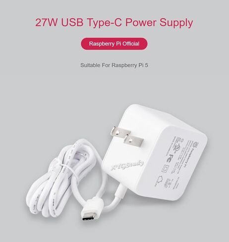 مصدر طاقة رسمي بقدرة 27 وات USB من النوع C لـ Raspberry Pi 5 @XYGStudy (جهاز Raspberry Pi 5 الجديد الرسمي بقدرة 27 وات PSU باللون الأبيض الأمريكي) in Kuwait