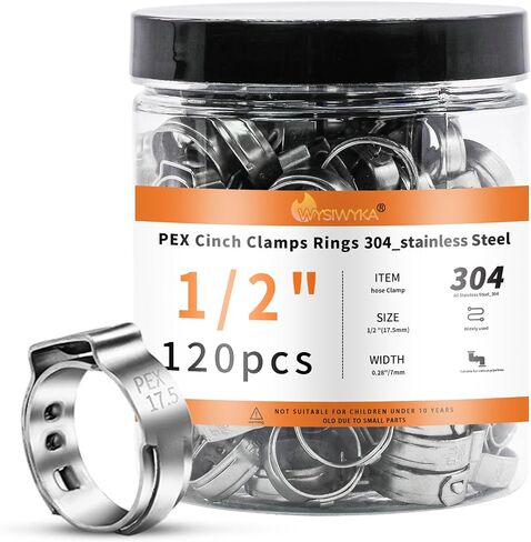 120 قطعة من حلقات مشابك PEX مقاس 1/2 بوصة من WYSIWYKA، 304 مشابك خرطوم أذن واحدة من الفولاذ المقاوم للصدأ، حلقات تجعيد Pex لوصلات تركيب أنابيب أنابيب PEX in Kuwait