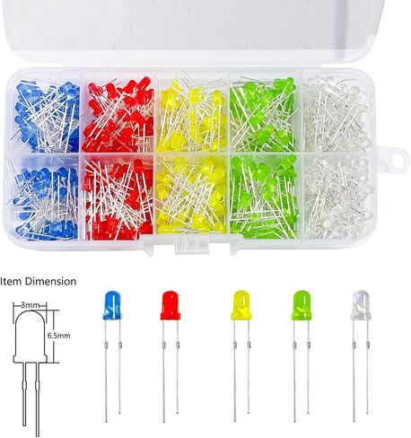 500 قطعة 3 مم LED مستديرة صمامات باعثة للضوء، مجموعة متنوعة من الدوائر متعددة الألوان (أحمر/أخضر/أصفر/أبيض/أزرق كل 100 قطعة) in Kuwait