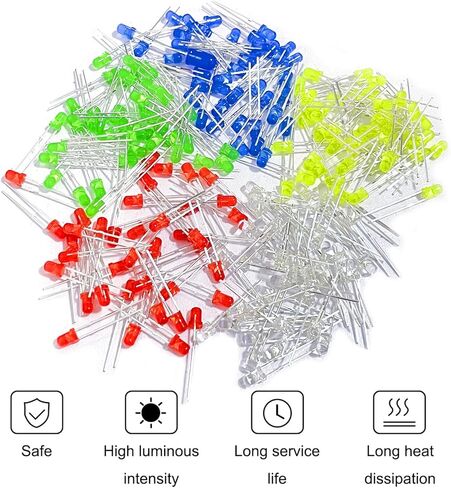 500 قطعة 3 مم LED مستديرة صمامات باعثة للضوء، مجموعة متنوعة من الدوائر متعددة الألوان (أحمر/أخضر/أصفر/أبيض/أزرق كل 100 قطعة) in Kuwait