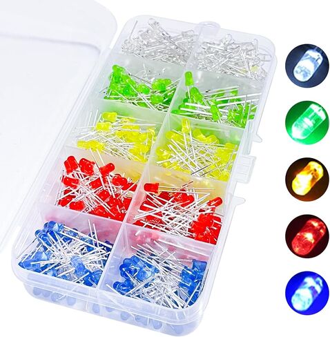 500 قطعة 3 مم LED مستديرة صمامات باعثة للضوء، مجموعة متنوعة من الدوائر متعددة الألوان (أحمر/أخضر/أصفر/أبيض/أزرق كل 100 قطعة) in Kuwait