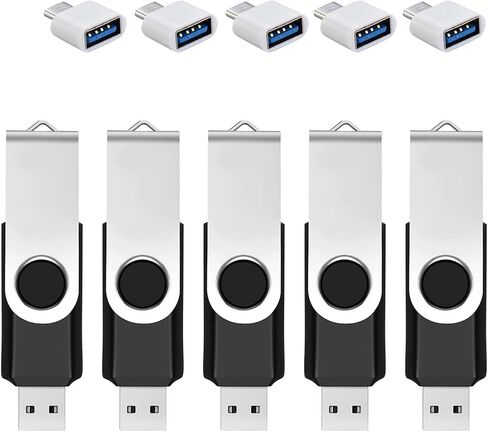 5 عبوات من محرك أقراص فلاش USB بسعة 128 جيجابايت مع محول من النوع C وصندوق تخزين USB 2.0 محرك قلم معدني عالي السرعة 360 درجة قابل للدوران للهاتف/الوسادة/الكمبيوتر الشخصي/الكمبيوتر المحمول/أندرويد - أسود (5 عبوات 128 جيجابايت) in Kuwait