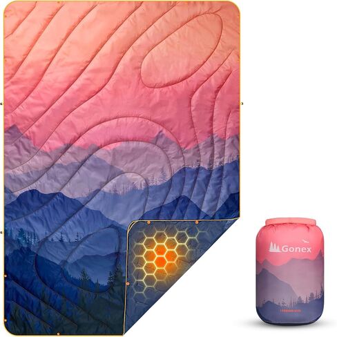 Gonex Camping Blanket with Aero-Warmth Tech Layer, Puffy Printed Packable Blanket Ultralight & Warm Wearable Water-Resistant Quilt for Outdoor, Camping, Hiking, Travel, Picnics 79" X 55"(Sunset) in Kuwait