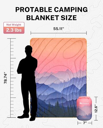 Gonex Camping Blanket with Aero-Warmth Tech Layer, Puffy Printed Packable Blanket Ultralight & Warm Wearable Water-Resistant Quilt for Outdoor, Camping, Hiking, Travel, Picnics 79" X 55"(Sunset) in Kuwait