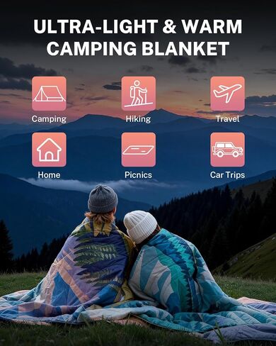 Gonex Camping Blanket with Aero-Warmth Tech Layer, Puffy Printed Packable Blanket Ultralight & Warm Wearable Water-Resistant Quilt for Outdoor, Camping, Hiking, Travel, Picnics 79" X 55"(Sunset) in Kuwait