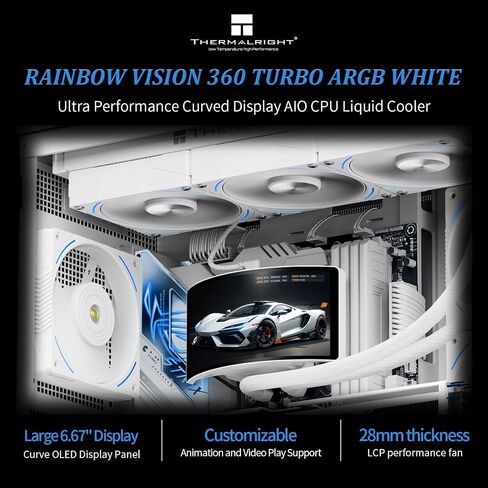 Thermalright Rainbow Vision 360 Turbo ARGB Black 360mm Aio Cooler، شاشة منحنية 60HZ بدقة 2400x1080، لـ AM4/AM5، Intel LGA1851/1700، 6.67 بوصة ثلاثية الأبعاد مع شاشة شفط مغناطيسية، سرعة مروحة 3000 دورة في الدقيقة in Saudi Arabia