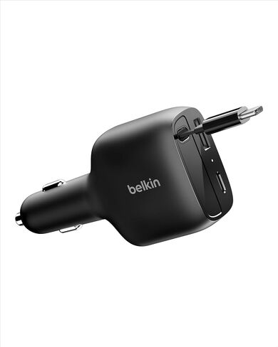 شاحن سيارة Belkin USB C بقدرة 75 وات مع كابل USB C قابل للسحب 30 بوصة - شاحن iPhone، متوافق مع سلسلة iPhone 17 و16، وسلسلة Galaxy S25، وAirPods، والكمبيوتر اللوحي، وMacBook، وChromebook، إلخ. - أساسيات السفر in Saudi Arabia