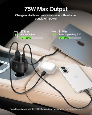 شاحن سيارة Belkin USB C بقدرة 75 وات مع كابل USB C قابل للسحب 30 بوصة - شاحن iPhone، متوافق مع سلسلة iPhone 17 و16، وسلسلة Galaxy S25، وAirPods، والكمبيوتر اللوحي، وMacBook، وChromebook، إلخ. - أساسيات السفر in Saudi Arabia