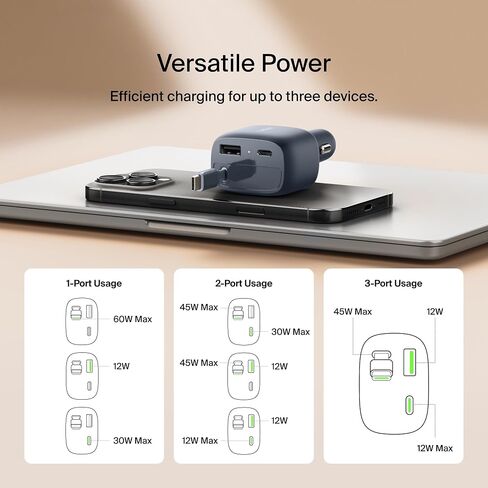 شاحن سيارة Belkin USB C بقدرة 75 وات مع كابل USB C قابل للسحب 30 بوصة - شاحن iPhone، متوافق مع سلسلة iPhone 17 و16، وسلسلة Galaxy S25، وAirPods، والكمبيوتر اللوحي، وMacBook، وChromebook، إلخ. - أساسيات السفر in Saudi Arabia