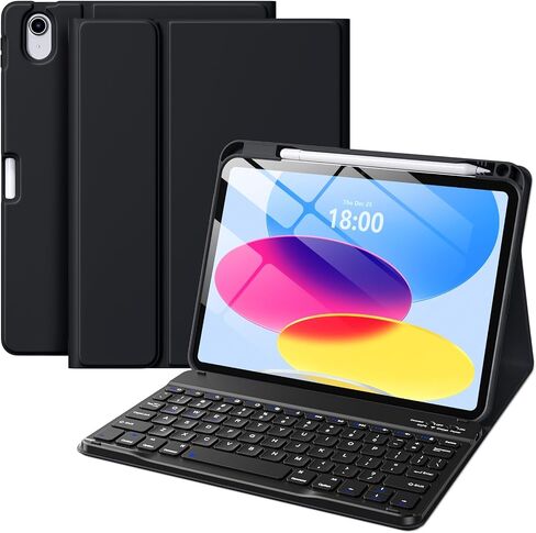 حافظة Wenlaty لجهاز iPad (A16) الجيل الحادي عشر/العاشر مع لوحة مفاتيح - غطاء لوحة مفاتيح قابل للطي رفيع وخفيف الوزن لاسلكي قابل للفصل مع حامل أقلام، لجهاز iPad 11 بوصة 11th 2025/10.9 بوصة 10th 2022، أسود in Kuwait