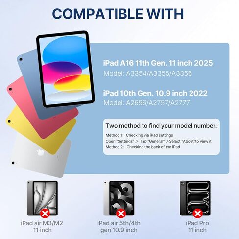 حافظة Wenlaty لجهاز iPad (A16) الجيل الحادي عشر/العاشر مع لوحة مفاتيح - غطاء لوحة مفاتيح قابل للطي رفيع وخفيف الوزن لاسلكي قابل للفصل مع حامل أقلام، لجهاز iPad 11 بوصة 11th 2025/10.9 بوصة 10th 2022، أسود in Kuwait