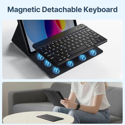 حافظة Wenlaty لجهاز iPad (A16) الجيل الحادي عشر/العاشر مع لوحة مفاتيح - غطاء لوحة مفاتيح قابل للطي رفيع وخفيف الوزن لاسلكي قابل للفصل مع حامل أقلام، لجهاز iPad 11 بوصة 11th 2025/10.9 بوصة 10th 2022، أسود in Kuwait