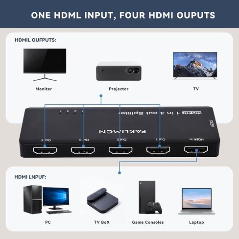 مقسم HDMI 1 في 4 مخرج، 1x4 مقسم HDMI للطاقة 4 منافذ 4Kx2K@60 هرتز ثلاثي الأبعاد للشاشات المزدوجة، مرآة فقط، موزع عالي الدقة بالكامل لجهاز PS4 Fire Stick HDTV (4K 1 في 4 خارج) in Kuwait