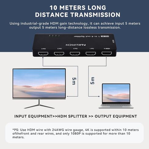 مقسم HDMI 1 في 4 مخرج، 1x4 مقسم HDMI للطاقة 4 منافذ 4Kx2K@60 هرتز ثلاثي الأبعاد للشاشات المزدوجة، مرآة فقط، موزع عالي الدقة بالكامل لجهاز PS4 Fire Stick HDTV (4K 1 في 4 خارج) in Kuwait