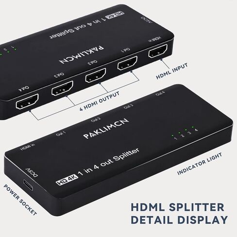 مقسم HDMI 1 في 4 مخرج، 1x4 مقسم HDMI للطاقة 4 منافذ 4Kx2K@60 هرتز ثلاثي الأبعاد للشاشات المزدوجة، مرآة فقط، موزع عالي الدقة بالكامل لجهاز PS4 Fire Stick HDTV (4K 1 في 4 خارج) in Kuwait