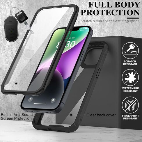 FUNMIKO for iPhone 14 Clear Case with Touch-Sensitive Built-in Screen Protector,Mili-Grade Heavy Duty Protection Pass 21ft. Drop Tested Slim-fit Protective Phone Cover 6.1" Black in Kuwait