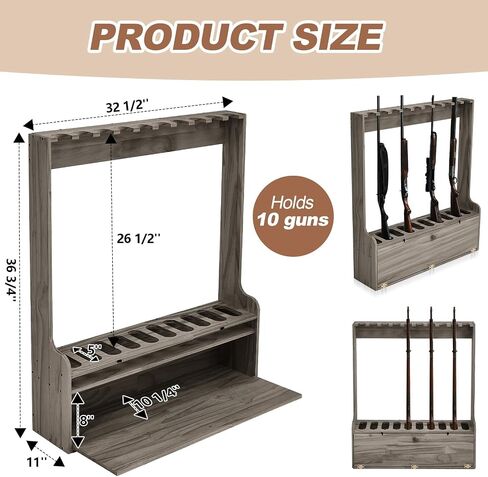 Soaoo Gun Racks Holds 10 Long Guns Wooden Rifle Rack Floor Stand Rifle Racks Display Holder Stand with Storage for Firearms Display Storage Home Accessories Office in Kuwait